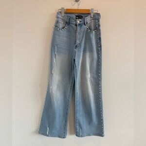 High-Rise Light Blue Wide-Leg Jeans with Pearl Side Trim